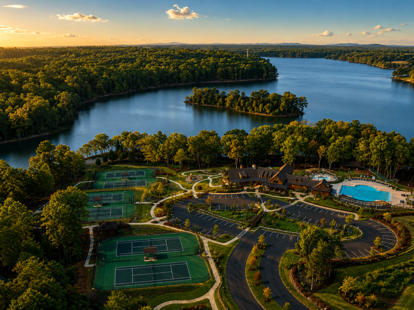 Aerial sunset view of The Sanctuary on Lake Wylie, with tennis courts, resort pool, timber clubhouse, and hardwood forest opening onto the shoreline