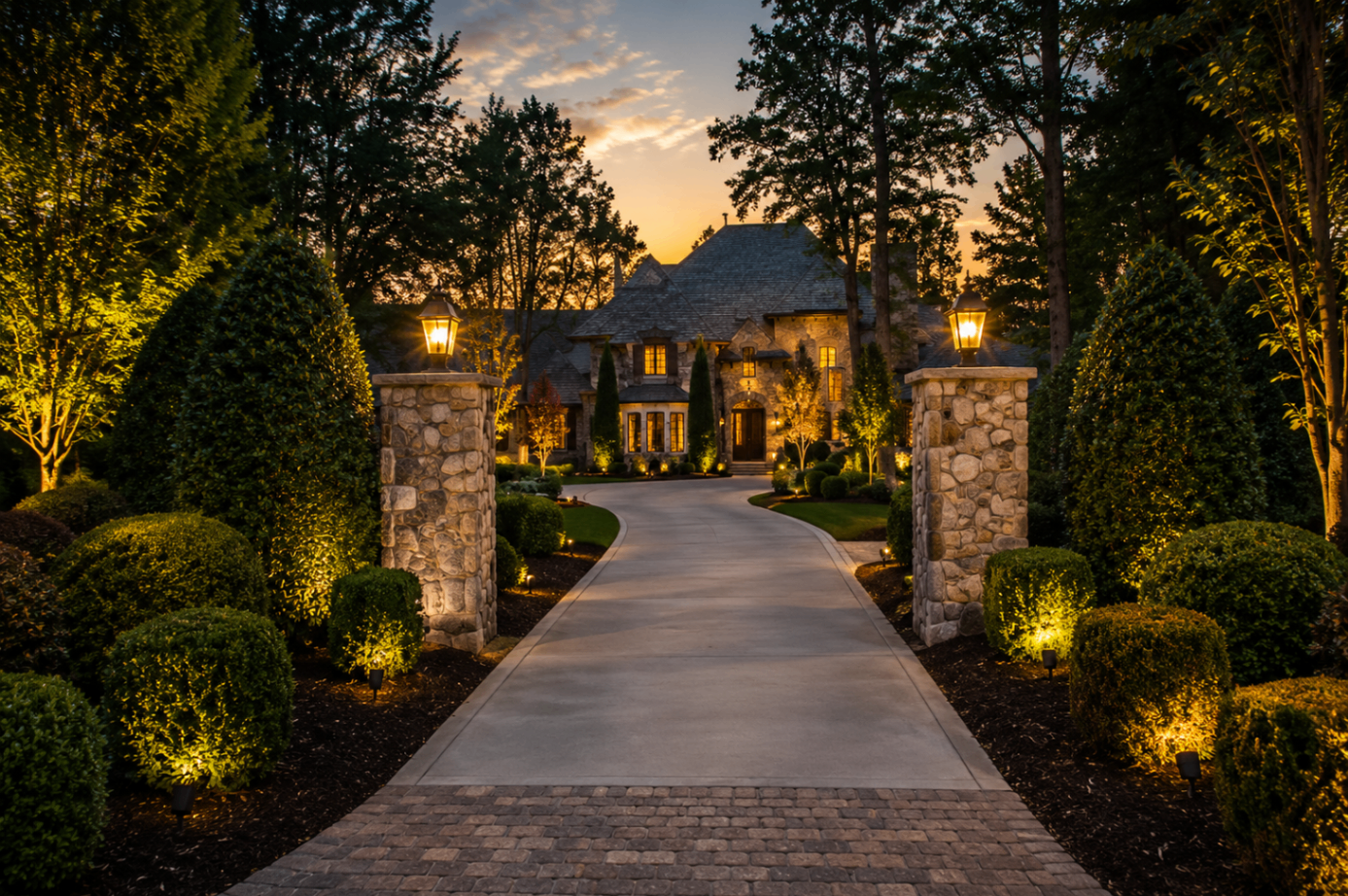 Lantern-lit stone-pillar driveway approach to a Sanctuary custom home at dusk