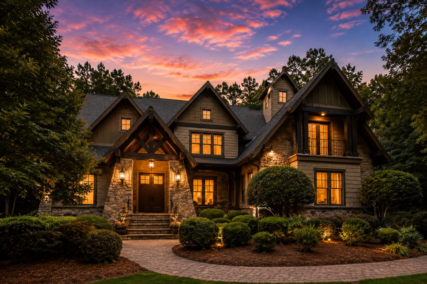 Stone-and-shingle Sanctuary estate glowing at sunset beneath a pink and violet sky